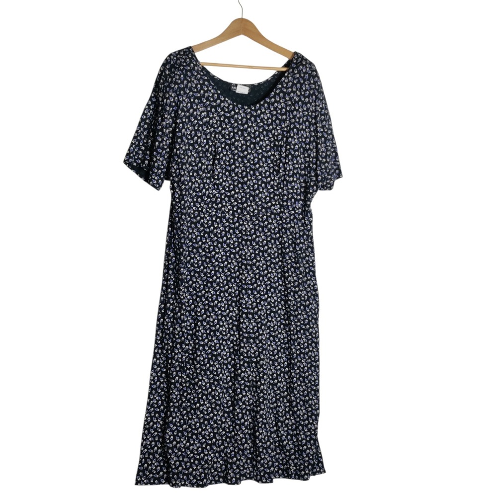 More Jazz Vintage Floral Midi Dress Navy Blue Rayon Short Sleeve Made in USA